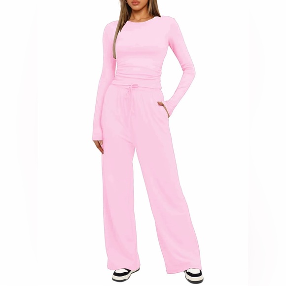 Pink Loungewear Set Rushed Long Sleeve + High Waist Wide Leg Pants New Boutique - Picture 2 of 5